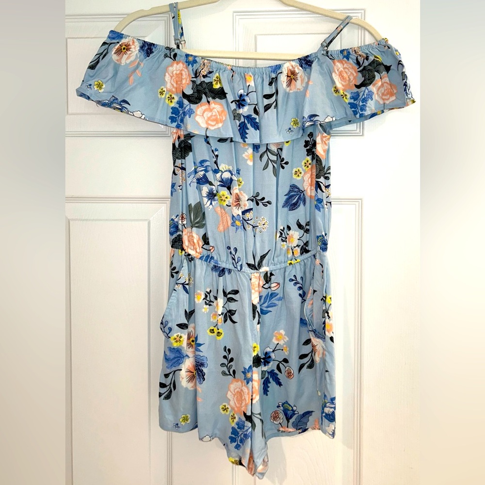H&M Off-The Shoulder Ruffled Light Blue Floral Romper Girls Size 12-13Y